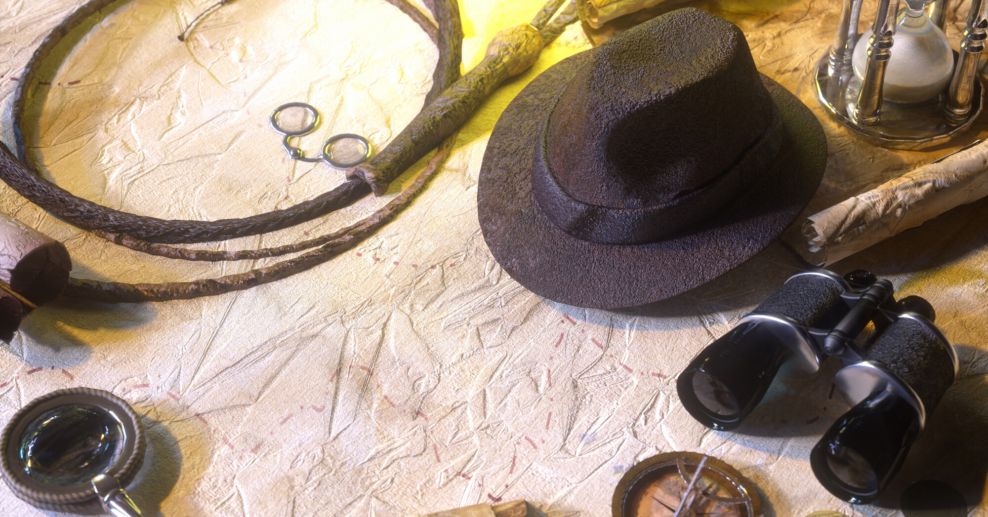 Indiana Jones hat, whip, compass, and binoculars.