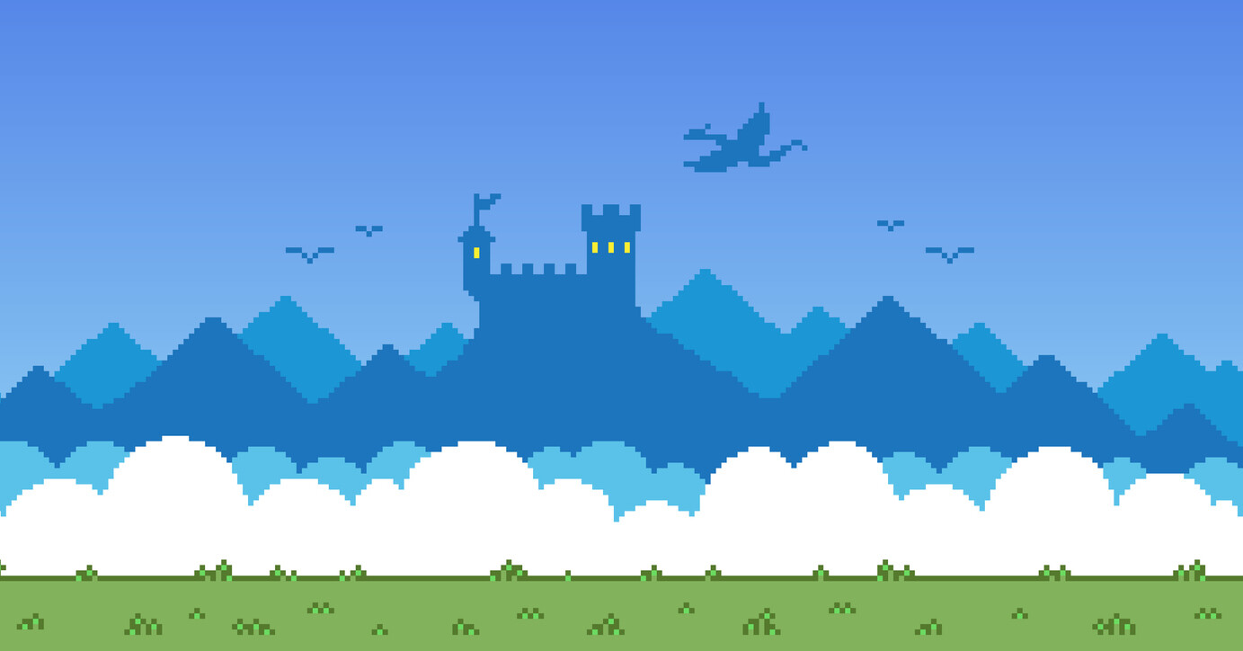 Pixel art illustration of a fantasy fortress and a dragon in the sky.