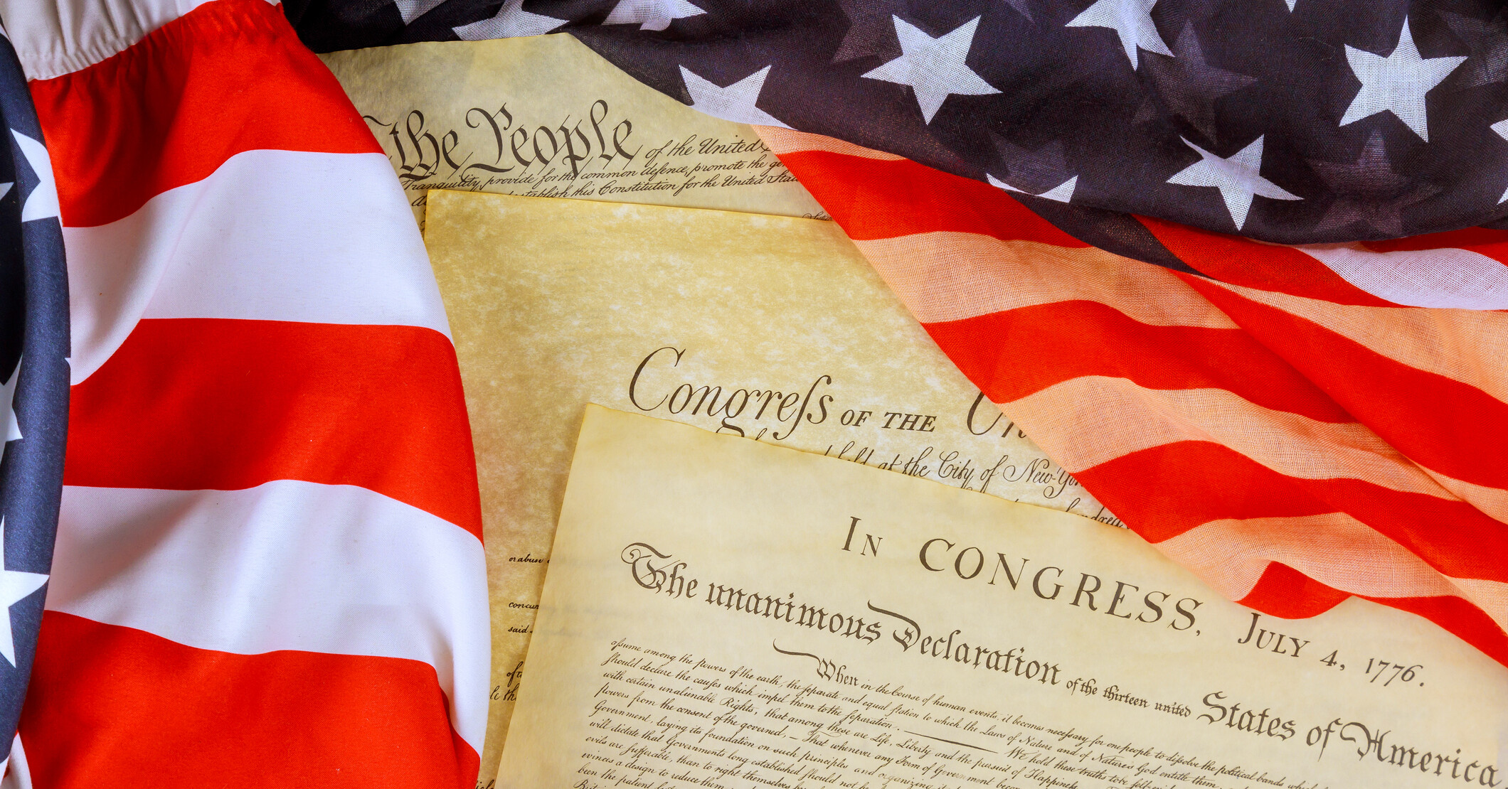Historical documents and American flag.