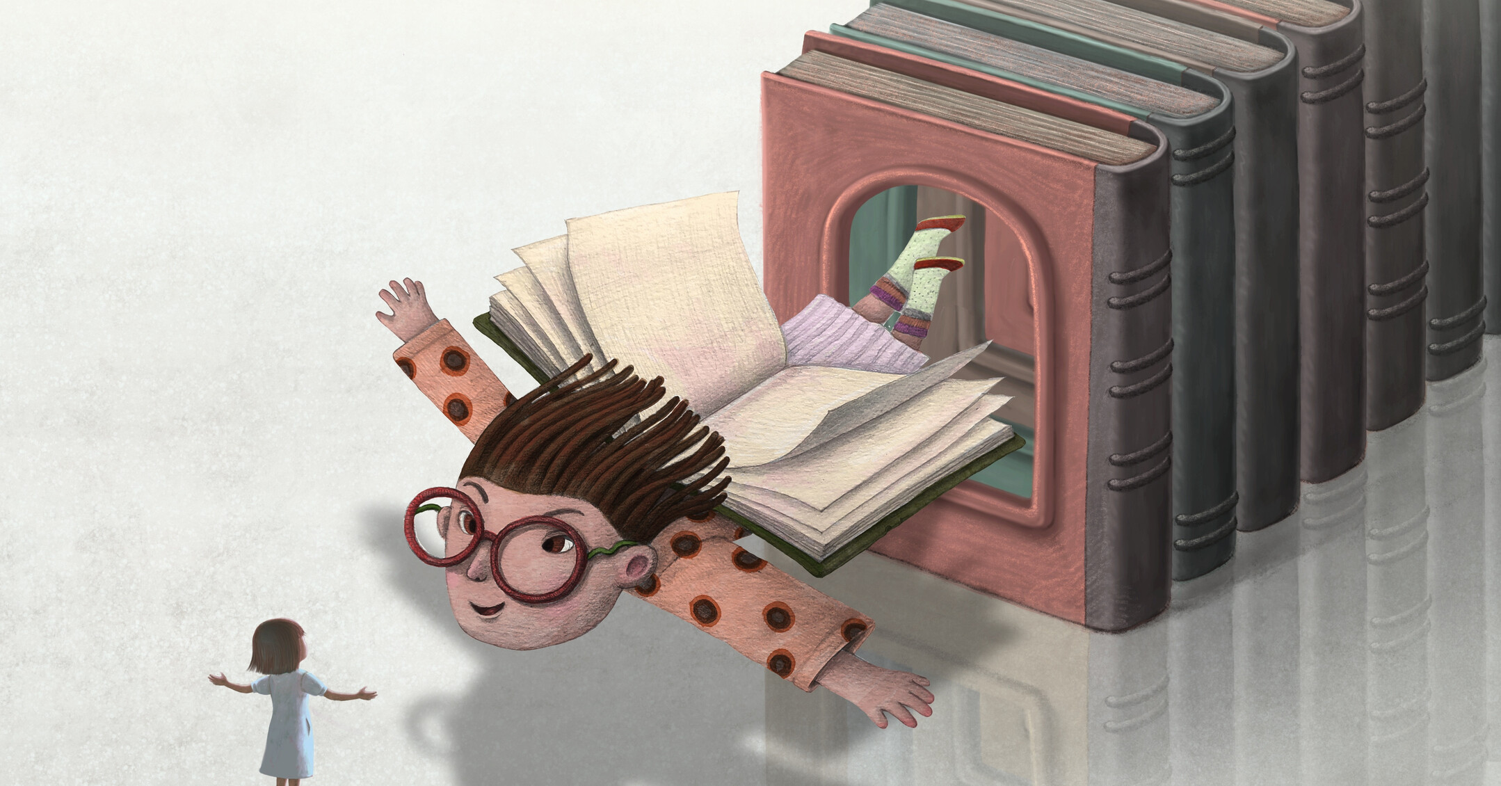 Illustration of a person flying through books with pages as their wings.