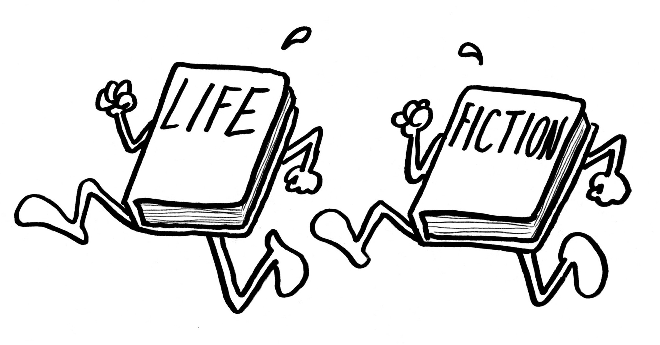 Illustration of two books running. One has the word "life" on it, the other has "fiction" on it.