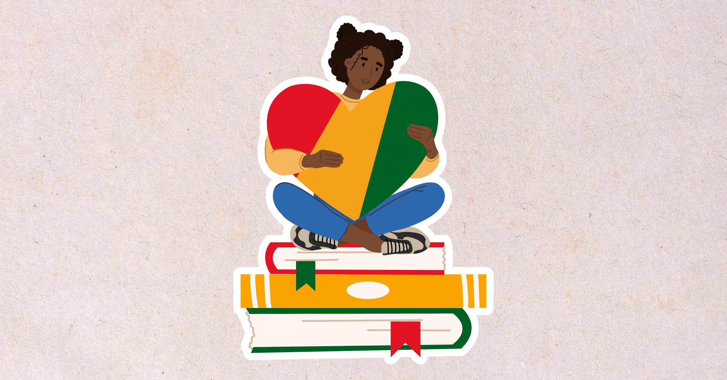 Illustration of a Black girl sitting on a stack of books and holding a heart.