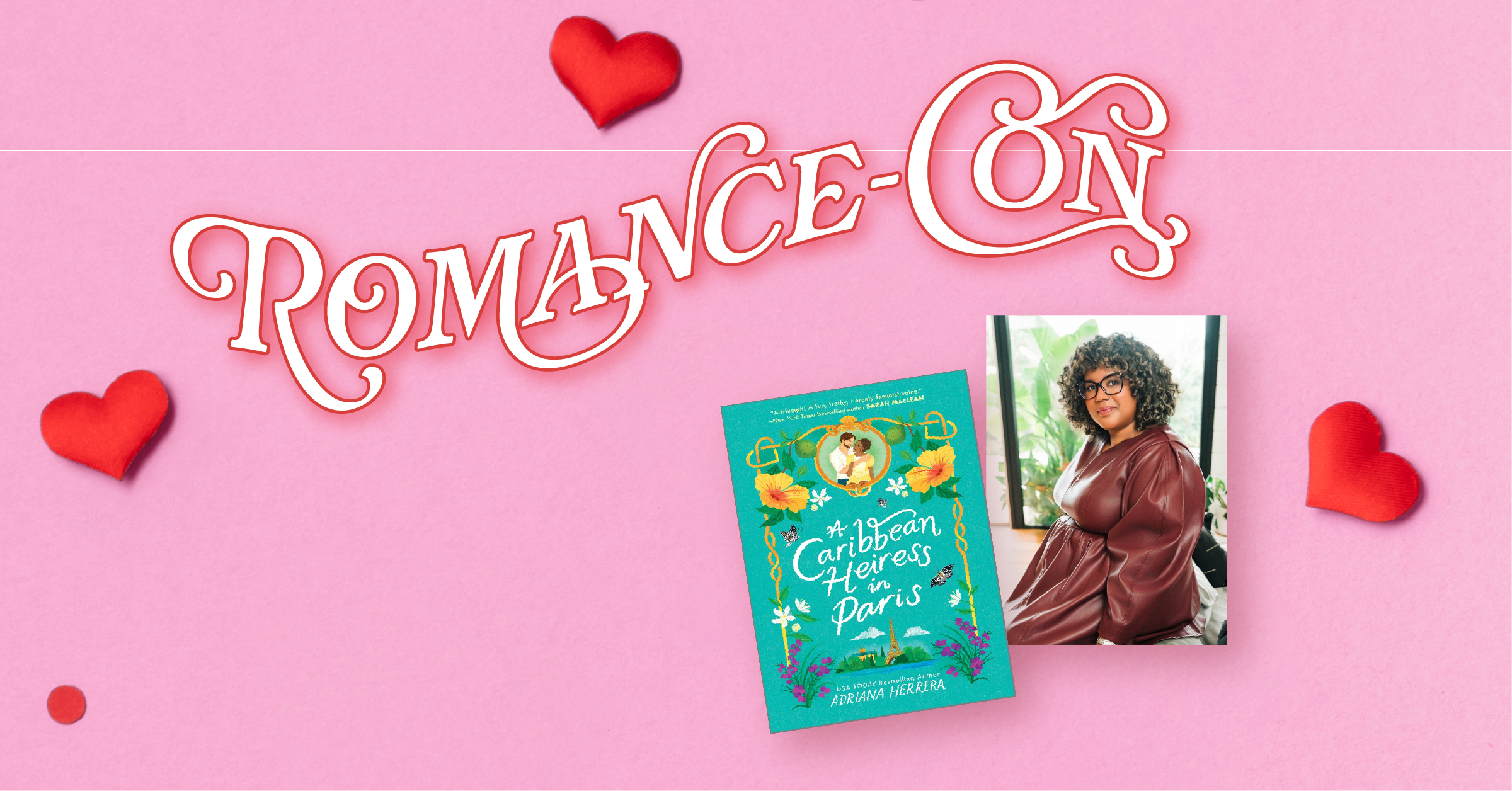 Romance-Con logo with a portrait of Adriana Herrera with her book "A Caribbean Heiress in Paris."