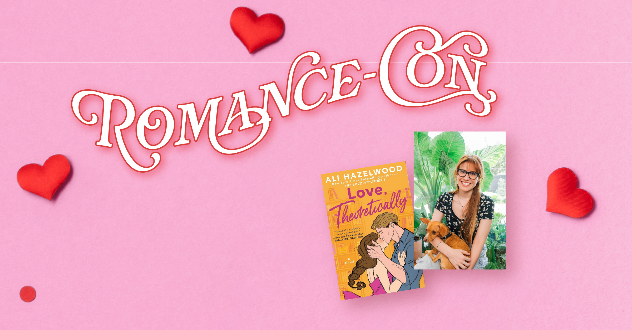 Romance-Con logo with a photo of Ali Hazelwood and her book "The Love Hypothesis."