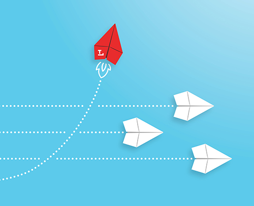 red paper airplane leading with logo red paper plane with the Library logo flying high and on its own