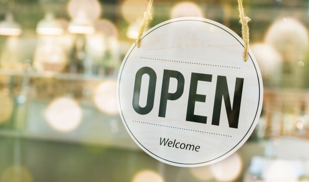 Open. sign hanging front of coffee cafe shop door, entrance, reopening cafe restaurant, open retail store, small business owner, takeaway food, food and drink concept