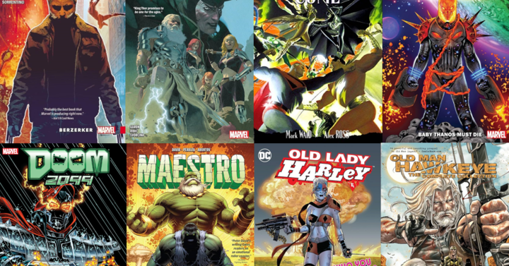 Comic book covers featuring senior superheroes.