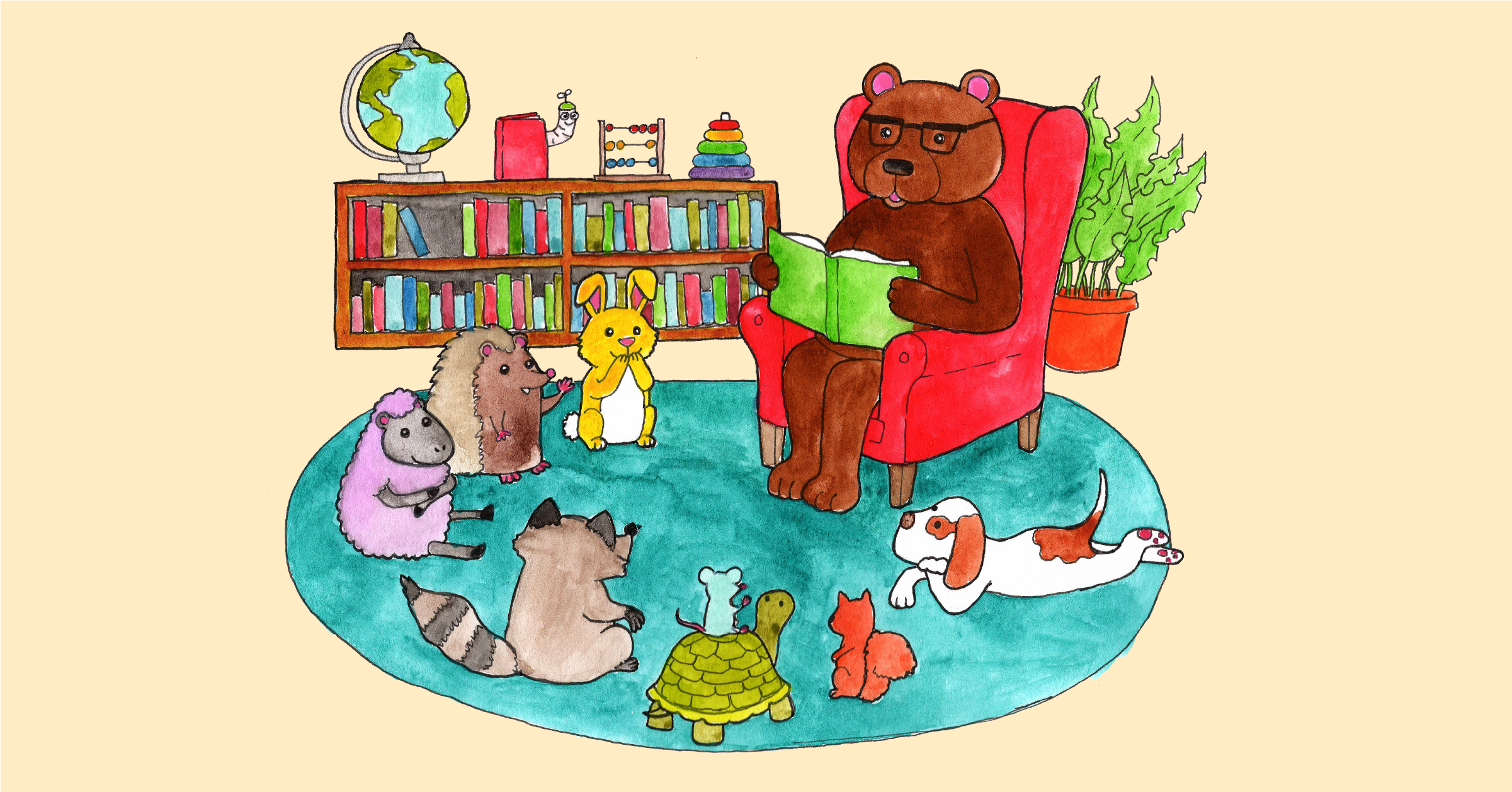 Illustration of a bear reading to different animals in a library.