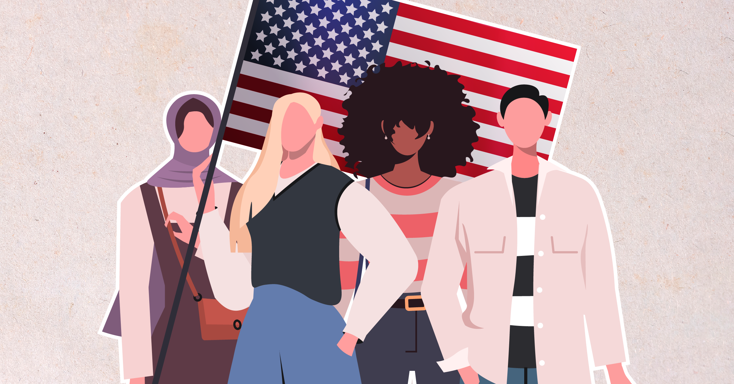 Illustration of four women standing in front of an American flag.