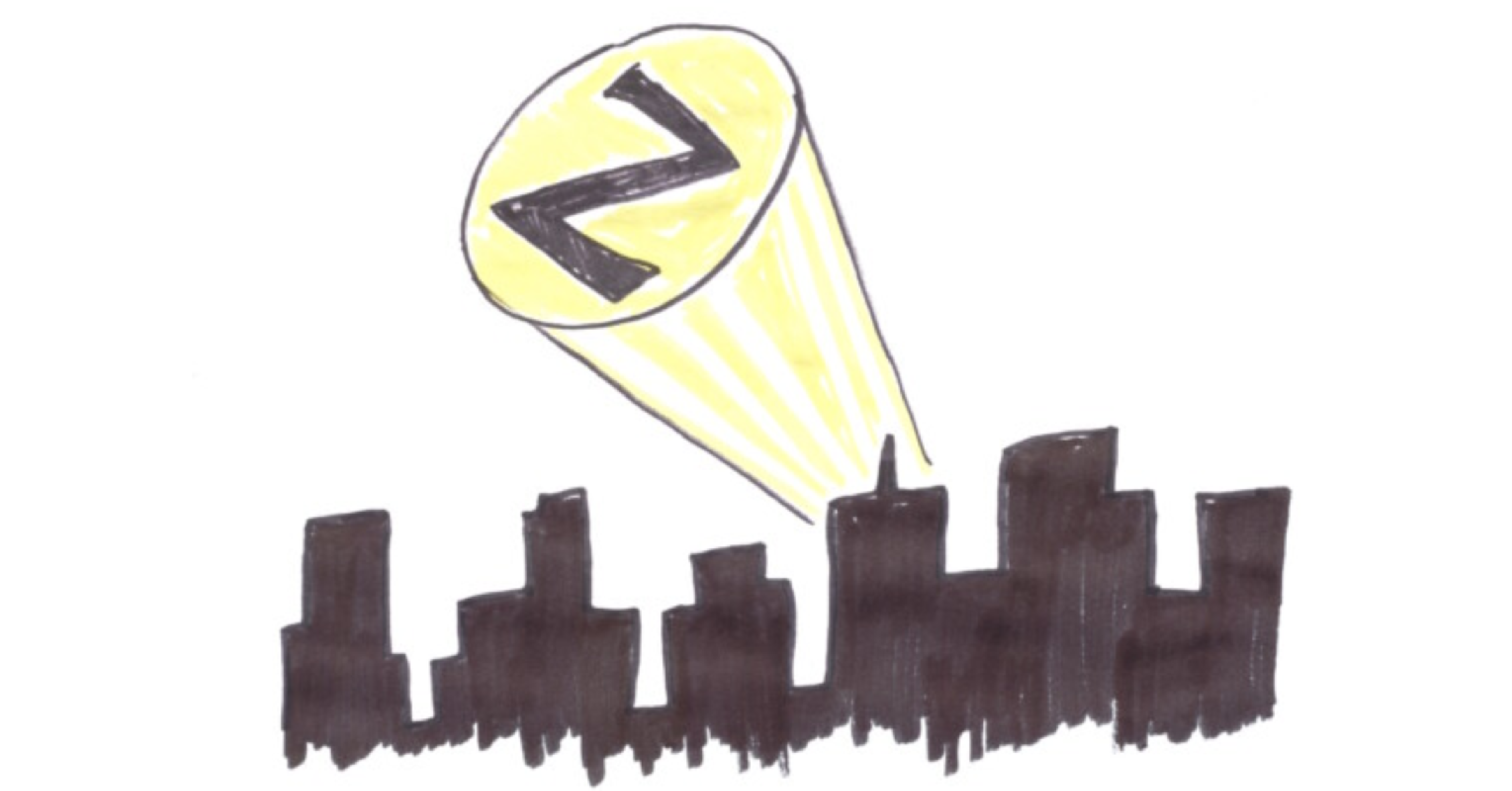 Illustration of a skyline with a bat signal in the shape of a Z.